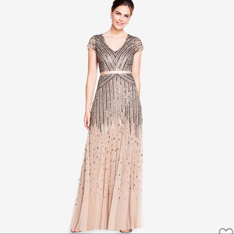 Adrianna Papell Beaded V-Neck Nude Gown